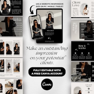 Op de afbeelding: Een zwart-wit website sjabloon ontwerp voor een bedrijf of merk. Het sjabloon toont een vrouw in een zwarte outfit, een laptop en een mobiele telefoon. De tekst op het sjabloon omvat "Maak een uitstekende indruk op uw potenti&euml;le klanten." en "Volledig bewerkbaar met een gratis Canva-account."