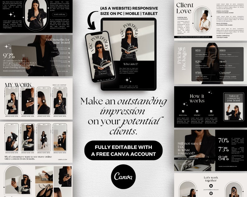 Op de afbeelding: Een zwart-wit website sjabloon ontwerp voor een bedrijf of merk. Het sjabloon toont een vrouw in een zwarte outfit, een laptop en een mobiele telefoon. De tekst op het sjabloon omvat "Maak een uitstekende indruk op uw potenti&euml;le klanten." en "Volledig bewerkbaar met een gratis Canva-account."