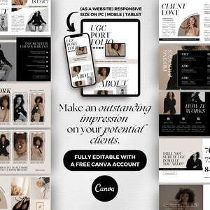 May include: A digital marketing template for a website or social media. The template features a black and white color scheme with a modern design. The text "Make an outstanding impression on your potential clients." is featured in the center of the template. The template is fully editable with a free Canva account.