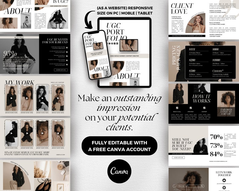 May include: A digital marketing template for a website or social media. The template features a black and white color scheme with a modern design. The text "Make an outstanding impression on your potential clients." is featured in the center of the template. The template is fully editable with a free Canva account.