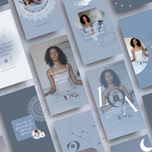 May include: A collection of light blue social media graphics with white text and illustrations. The graphics feature a woman and text such as "How to connect with your higher self and inner wisdom" and "5 Daily Habits for Spiritual Growth."