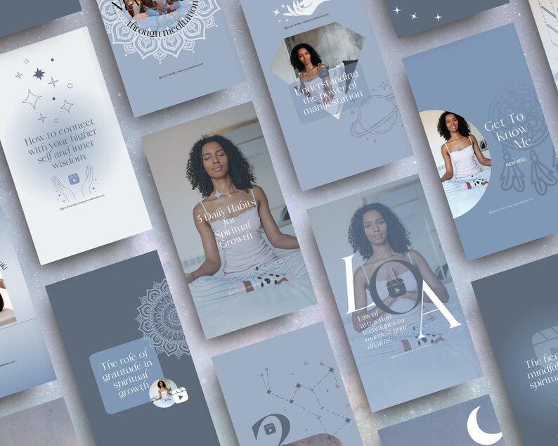May include: A collection of light blue social media graphics with white text and illustrations. The graphics feature a woman and text such as "How to connect with your higher self and inner wisdom" and "5 Daily Habits for Spiritual Growth."