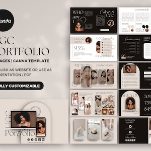 May include: A Canva template for an UGC portfolio with 11 pages. The template features a minimalist design with a black and white color scheme. The text "UGC Portfolio" is displayed in a large font at the top of the page. The template includes sections for testimonials, product videos, product photos, and pricing. The template is fully customizable and can be used to create a professional-looking portfolio for any UGC creator.