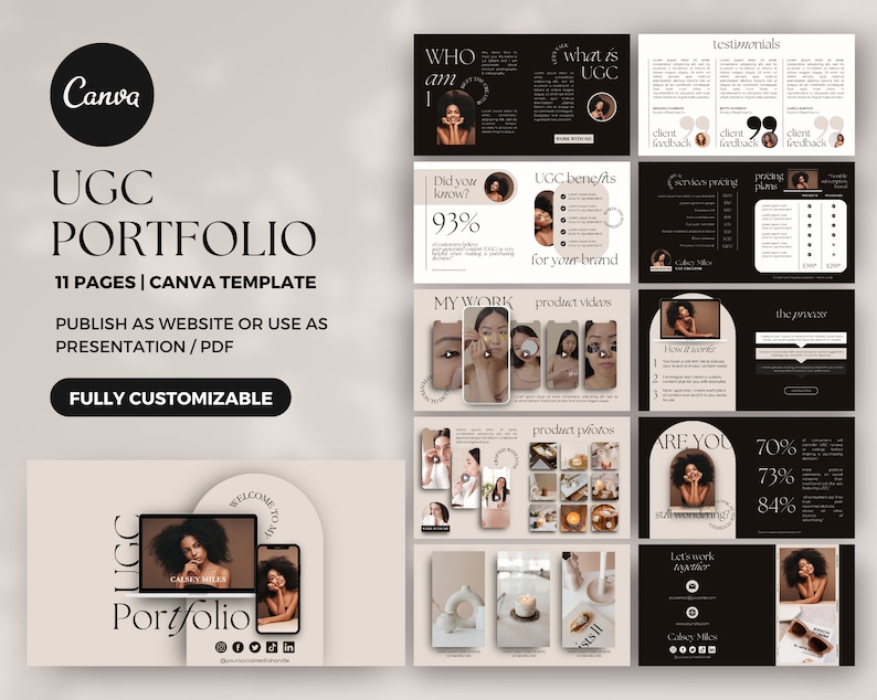 May include: A Canva template for an UGC portfolio with 11 pages. The template features a minimalist design with a black and white color scheme. The text "UGC Portfolio" is displayed in a large font at the top of the page. The template includes sections for testimonials, product videos, product photos, and pricing. The template is fully customizable and can be used to create a professional-looking portfolio for any UGC creator.
