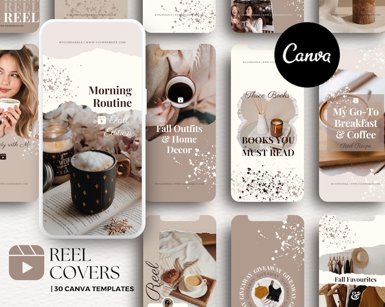Pu&ograve; includere: Un set di 30 modelli Canva per Instagram Reels. I modelli presentano una variet&agrave; di design a tema autunnale, tra cui caff&egrave;, libri e moda. I modelli sono progettati per essere utilizzati con l'app Canva.