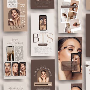 May include: A collage of images promoting social media marketing services for businesses. The images feature a variety of content, including product photography, behind-the-scenes footage, and user-generated content. The text on the images includes phrases like "Review Client", "UGC Video Content", "BTS", "Almost Booked Out", and "Individual Pricing".