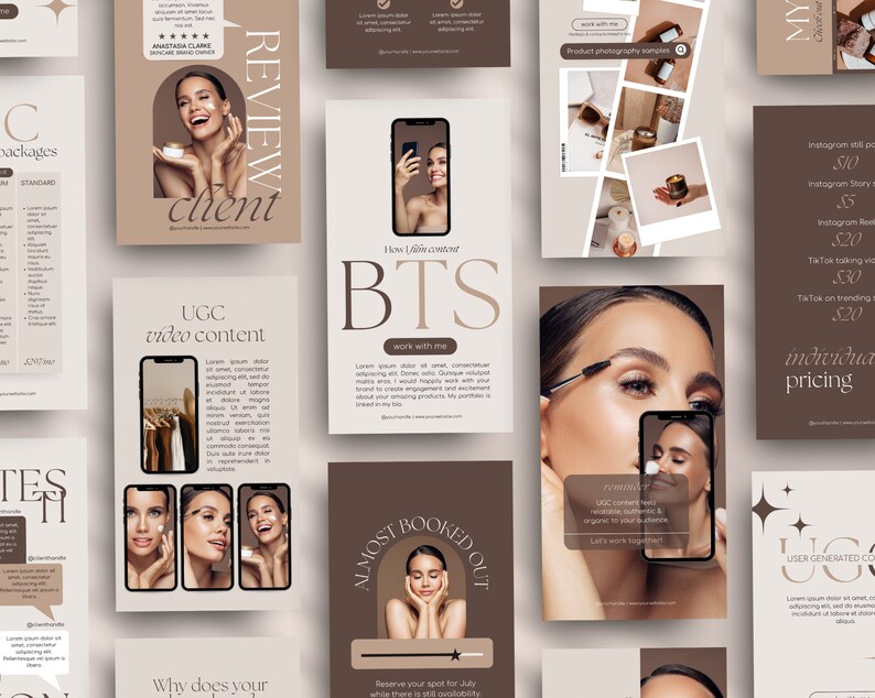 May include: A collage of images promoting social media marketing services for businesses. The images feature a variety of content, including product photography, behind-the-scenes footage, and user-generated content. The text on the images includes phrases like "Review Client", "UGC Video Content", "BTS", "Almost Booked Out", and "Individual Pricing".