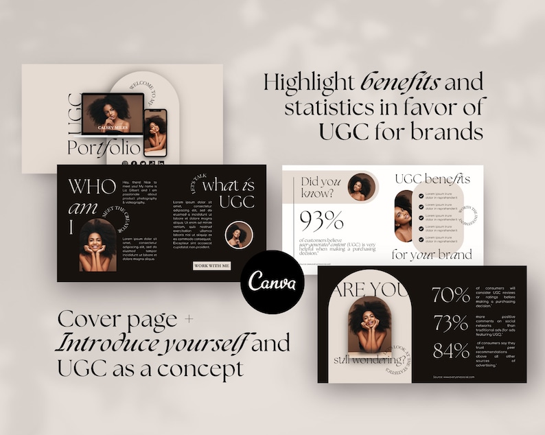 May include: A presentation slide deck with a black and white color scheme. The slide deck is about User Generated Content (UGC) and its benefits for brands. The slides include text, images, and statistics. The text on the slides includes "Who am I", "What is UGC", "Did you know? 93%", "UGC benefits for your brand", "Are you still wondering?", "70%", "73%", "84%".