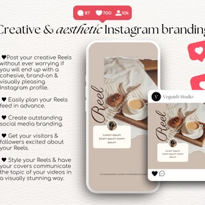 Pu&ograve; includere: Un mockup di uno schermo di telefono che mostra un modello per creare Reels di Instagram. Il modello presenta uno sfondo marrone chiaro con un bordo bianco e la parola "Reel" scritta in corsivo nero. Il modello include anche una foto di una tazza di caff&egrave; e un dolce su un vassoio di legno. Il testo sullo schermo dice "Pubblica i tuoi Reels creativi senza preoccuparti di finire con un profilo Instagram coeso, di marca e visivamente accattivante. Pianifica facilmente il tuo feed di Reels in anticipo. Crea un branding eccezionale sui social media. Fai entusiasmare i tuoi visitatori e follower per i tuoi Reels. Dai stile ai tuoi Reels e fai in modo che le tue copertine comunichino l'argomento dei tuoi video in un modo visivamente sbalorditivo."