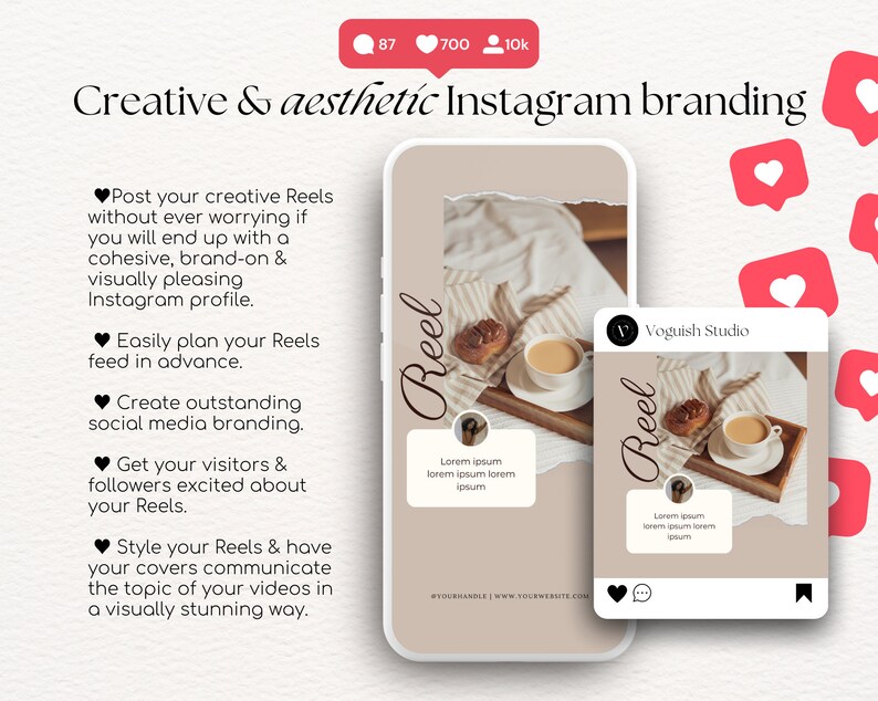 Pu&ograve; includere: Un mockup di uno schermo di telefono che mostra un modello per creare Reels di Instagram. Il modello presenta uno sfondo marrone chiaro con un bordo bianco e la parola "Reel" scritta in corsivo nero. Il modello include anche una foto di una tazza di caff&egrave; e un dolce su un vassoio di legno. Il testo sullo schermo dice "Pubblica i tuoi Reels creativi senza preoccuparti di finire con un profilo Instagram coeso, di marca e visivamente accattivante. Pianifica facilmente il tuo feed di Reels in anticipo. Crea un branding eccezionale sui social media. Fai entusiasmare i tuoi visitatori e follower per i tuoi Reels. Dai stile ai tuoi Reels e fai in modo che le tue copertine comunichino l'argomento dei tuoi video in un modo visivamente sbalorditivo."