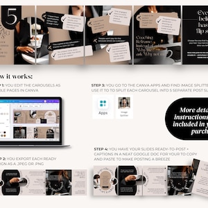 May include: A digital marketing guide with a carousel design, featuring text and graphics. The guide includes instructions on editing in Canva, exporting as JPEG or PNG, and using an image splitter. The color scheme is neutral with black and beige tones.