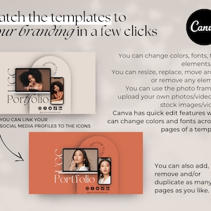 May include: A Canva template for a portfolio website with a peach background and the text "UGC Portfolio" in a black and white font. The template features a laptop and a phone with images of people on the screens. The text "You can link your social media profiles to the icons" is below the template.