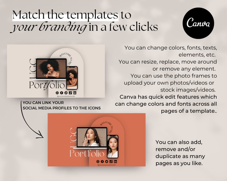 May include: A Canva template for a portfolio website with a peach background and the text "UGC Portfolio" in a black and white font. The template features a laptop and a phone with images of people on the screens. The text "You can link your social media profiles to the icons" is below the template.