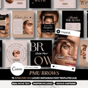 以下が含まれることがあります： PMU眉毛のInstagram投稿テンプレートのコレクション。 「Client Love」や「Book Now」などのテキストオーバーレイが特徴です。 テンプレートはニュートラルなカラーパレットで、女性の顔の画像が使用されています。