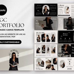 Op de afbeelding: Een zwart-wit Canva-sjabloon voor een UGC-portfolio. Het sjabloon bevat 11 pagina's en is volledig aanpasbaar. Het sjabloon kan worden gebruikt om te publiceren als een website of te gebruiken als een presentatie of PDF. Het sjabloon toont een vrouw in een zwart blazer en een zonnebril die een boek vasthoudt.