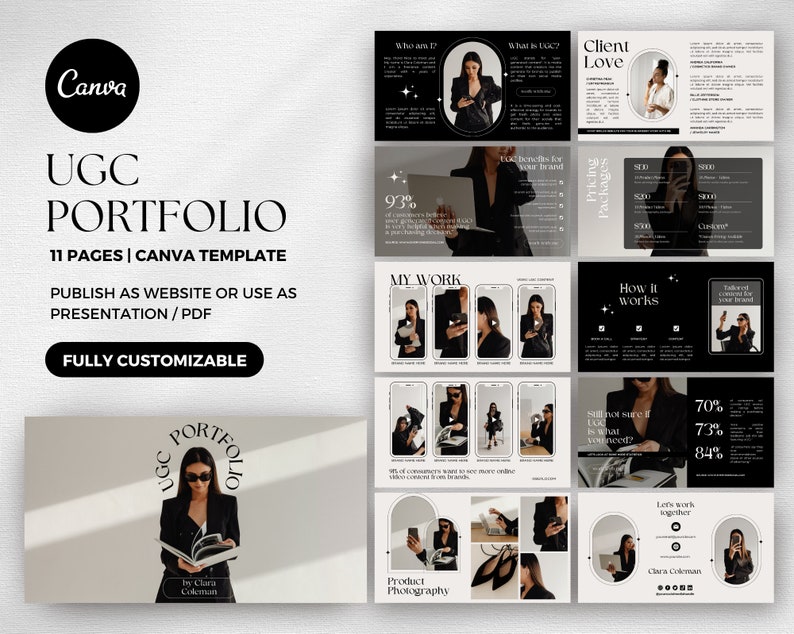 Op de afbeelding: Een zwart-wit Canva-sjabloon voor een UGC-portfolio. Het sjabloon bevat 11 pagina's en is volledig aanpasbaar. Het sjabloon kan worden gebruikt om te publiceren als een website of te gebruiken als een presentatie of PDF. Het sjabloon toont een vrouw in een zwart blazer en een zonnebril die een boek vasthoudt.