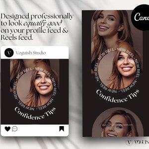 May include: A black and white graphic design with the text "Confidence Tips" in a circle. The graphic is surrounded by a black background with a woman's face in the center. The text "New Reel" is repeated around the circle.