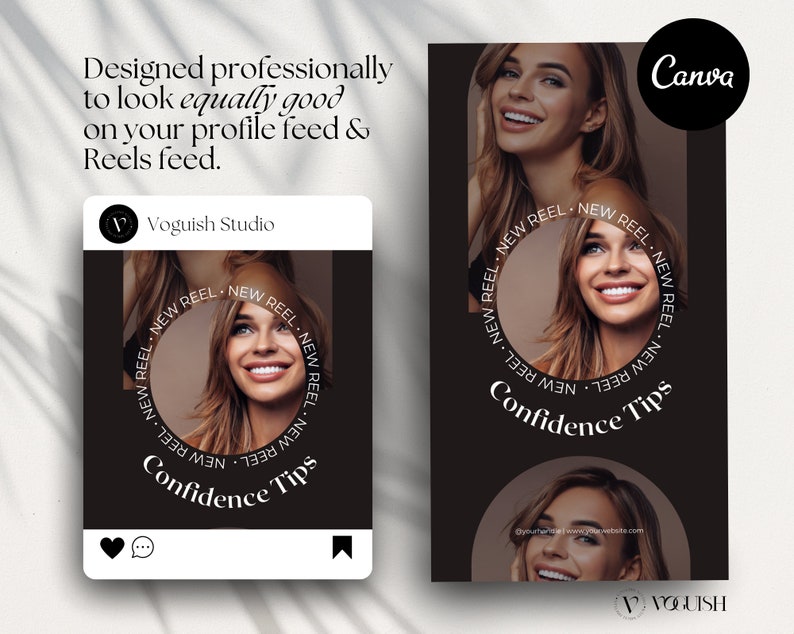 May include: A black and white graphic design with the text "Confidence Tips" in a circle. The graphic is surrounded by a black background with a woman's face in the center. The text "New Reel" is repeated around the circle.