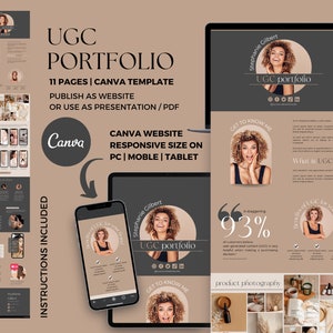 May include: A digital UGC portfolio template displayed on a laptop, tablet, and smartphone. The template includes 11 pages and is designed for Canva. The design features a woman's image, text, and graphic elements in a neutral color palette.