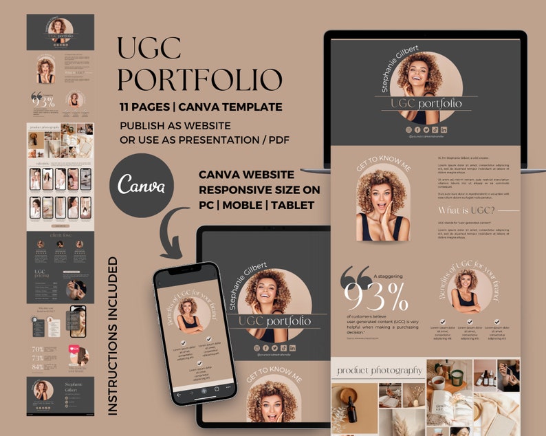 May include: A digital UGC portfolio template displayed on a laptop, tablet, and smartphone. The template includes 11 pages and is designed for Canva. The design features a woman's image, text, and graphic elements in a neutral color palette.