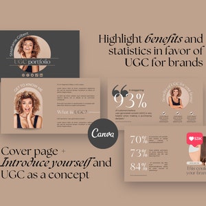 May include: A digital marketing presentation with a beige background. The presentation includes the text "UGC portfolio", "Highlight benefits and statistics in favor of UGC for brands", and "This could be your brand."