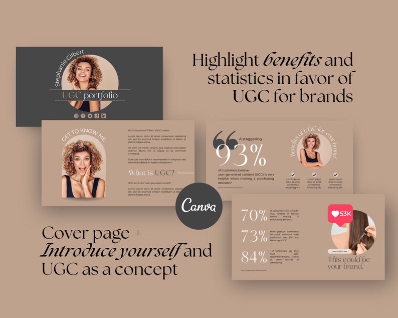 May include: A digital marketing presentation with a beige background. The presentation includes the text "UGC portfolio", "Highlight benefits and statistics in favor of UGC for brands", and "This could be your brand."