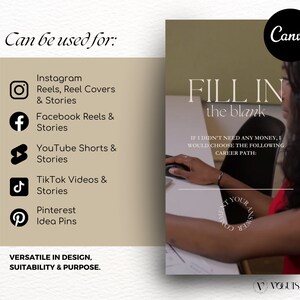 May include: A Canva template with the text "FILL IN the blank" and the phrase "IF I DIDN'T NEED ANY MONEY, I WOULD CHOOSE THE FOLLOWING CAREER PATH:"  The template is designed for social media posts and includes icons for Instagram, Facebook, YouTube, TikTok, and Pinterest.