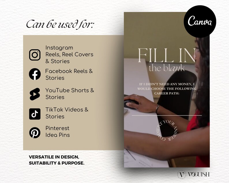 May include: A Canva template with the text "FILL IN the blank" and the phrase "IF I DIDN'T NEED ANY MONEY, I WOULD CHOOSE THE FOLLOWING CAREER PATH:"  The template is designed for social media posts and includes icons for Instagram, Facebook, YouTube, TikTok, and Pinterest.