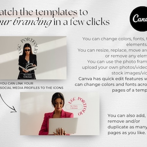 Op de afbeelding: Een Canva-sjabloon voor een portfolio met een vrouw die een roze blazer en een zonnebril draagt. Het sjabloon bevat een cirkel met de tekst "UGC Portfolio" en de woorden "U kunt uw sociale media-profielen aan de pictogrammen koppelen".