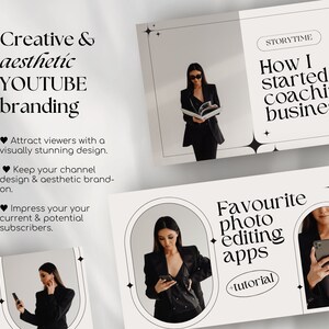 May include: Three Instagram story templates for a YouTube channel. The first template has a black and white photo of a woman wearing sunglasses and a black blazer. The text reads "Creative & aesthetic YOUTUBE branding". The second template has a black and white photo of a woman wearing a black blazer and a black top. The text reads "Favourite photo editing apps - tutorial". The third template has a black and white photo of a woman wearing a black blazer and a black top. The text reads "STORYTIME How I started my coaching business".