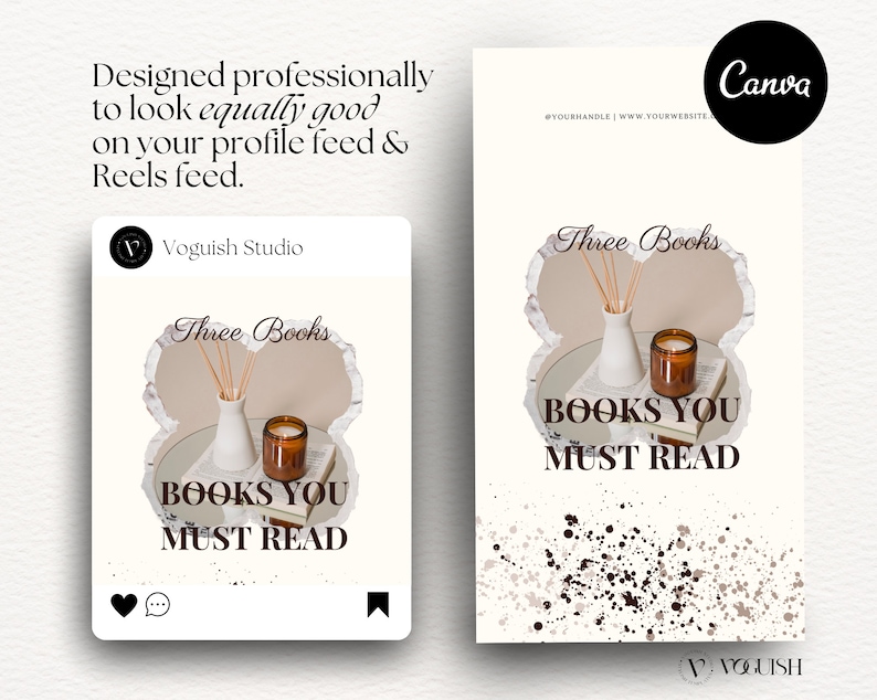 Pu&ograve; includere: Un post sui social media con sfondo bianco e schizzi marroni. Il post presenta una foto di tre libri, una candela e un diffusore. Il testo "Three Books" e "Books You Must Read" &egrave; scritto in marrone sull'immagine. Il testo "Voguish Studio" &egrave; scritto in nero sull'immagine.