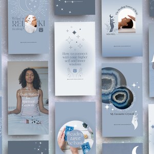 May include: A collection of light blue social media posts with white text and illustrations. Topics include Reiki healing, spiritual growth, tarot reading, and crystals. The posts feature images of people, crystals, and celestial designs.