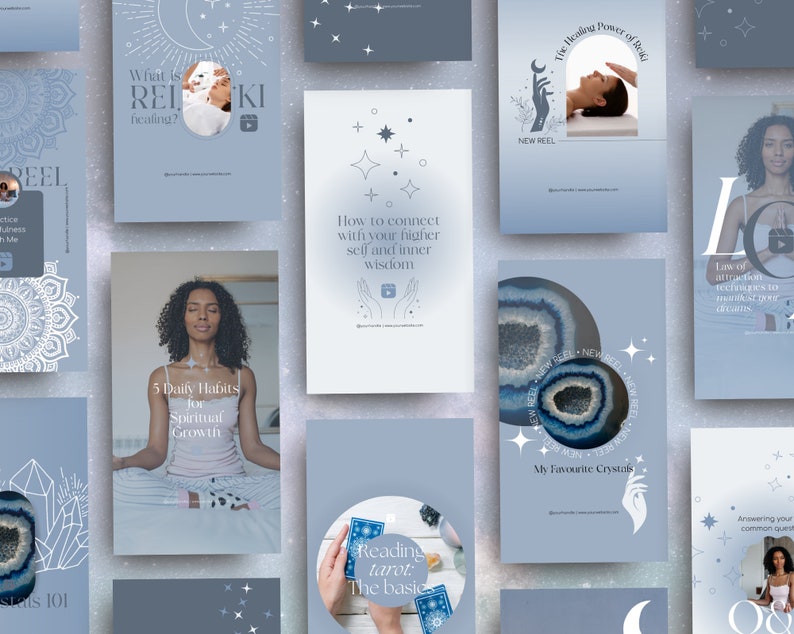 May include: A collection of light blue social media posts with white text and illustrations. Topics include Reiki healing, spiritual growth, tarot reading, and crystals. The posts feature images of people, crystals, and celestial designs.