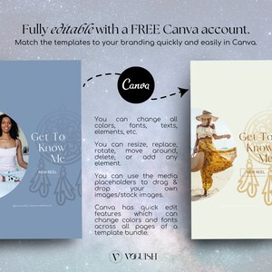 May include: A digital marketing template bundle for social media, featuring two mockups with the text "Get To Know Me." The templates are designed for use with Canva and include editable elements, colors, and fonts. The image also includes the text "Fully editable with a FREE Canva account."