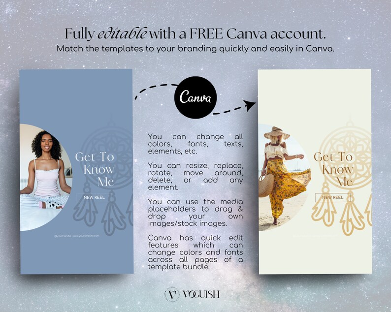 May include: A digital marketing template bundle for social media, featuring two mockups with the text "Get To Know Me." The templates are designed for use with Canva and include editable elements, colors, and fonts. The image also includes the text "Fully editable with a FREE Canva account."