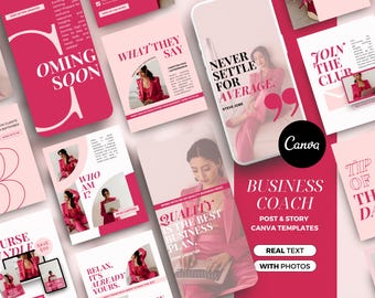 Pink Instagram Templates Canva, Colorful Bright Social Media Templates, Coach Post Story Templates, Pink Instagram Theme, Coach Instagram
