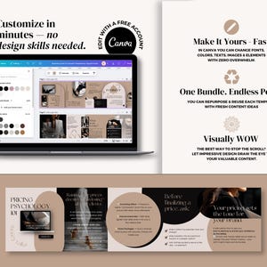 May include: A laptop displays a Canva design interface with a beige and black color scheme. Text on the screen reads "Pricing Psychology 101." Additional text on the image includes "Customize in minutes" and "Make it Yours - Fast."