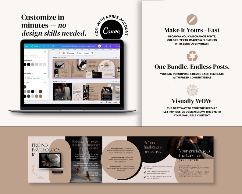 May include: A laptop displays a Canva design interface with a beige and black color scheme. Text on the screen reads "Pricing Psychology 101." Additional text on the image includes "Customize in minutes" and "Make it Yours - Fast."