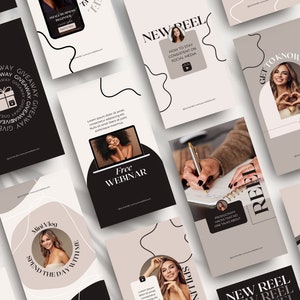 May include: A collection of social media post templates with a minimalist design featuring black and white abstract shapes, text, and images of people. The text includes "New Reel", "Get to Know Me", "Free Webinar", "Mini Vlog", "Productivity Hacks", and "Giveaway".