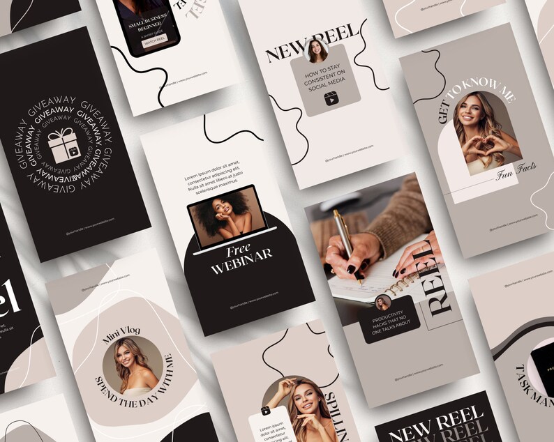 May include: A collection of social media post templates with a minimalist design featuring black and white abstract shapes, text, and images of people. The text includes "New Reel", "Get to Know Me", "Free Webinar", "Mini Vlog", "Productivity Hacks", and "Giveaway".