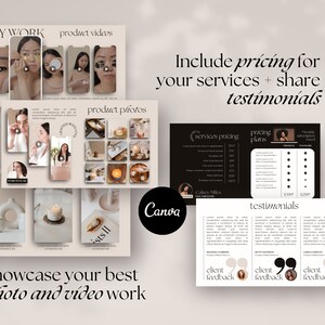 May include: A Canva template for a business website or social media page. The template features a black and white color scheme with a minimalist design. The template includes sections for showcasing product videos, photos, pricing, and testimonials. The text "MY WORK", "product videos", "product photos", "services pricing", "pricing plans", "testimonials", "Showcase your best photo and video work", "client feedback", and "Calsey Miles" is included in the template.