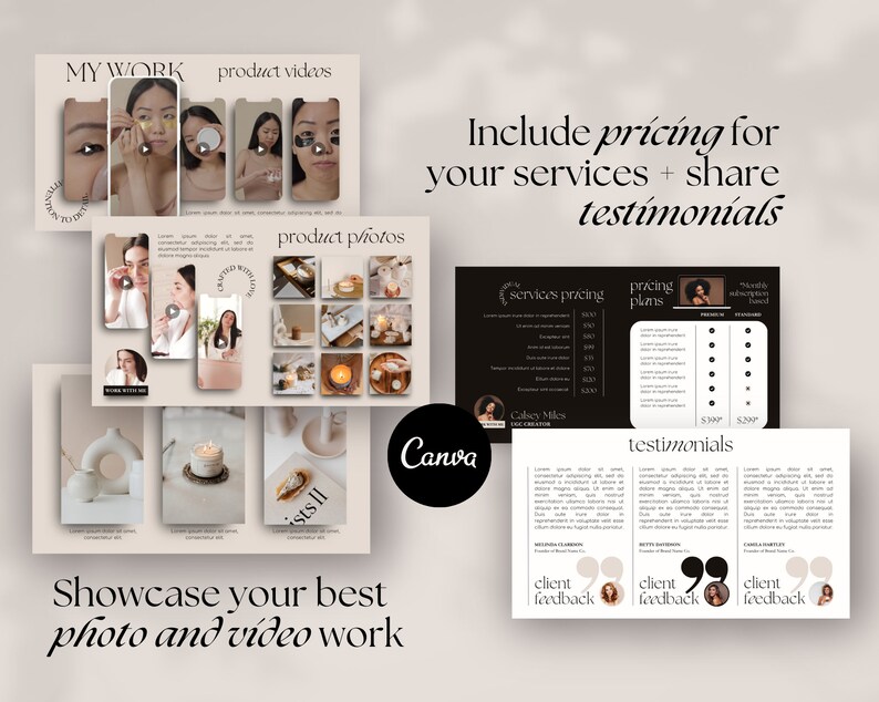 May include: A Canva template for a business website or social media page. The template features a black and white color scheme with a minimalist design. The template includes sections for showcasing product videos, photos, pricing, and testimonials. The text "MY WORK", "product videos", "product photos", "services pricing", "pricing plans", "testimonials", "Showcase your best photo and video work", "client feedback", and "Calsey Miles" is included in the template.