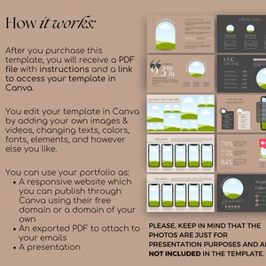 May include: A digital marketing template with a beige and brown color scheme. The template includes sections on how it works, client love, and UGC pricing. The text "How it works" is at the top, with instructions and a note about photos.