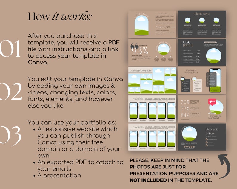May include: A digital marketing template with a beige and brown color scheme. The template includes sections on how it works, client love, and UGC pricing. The text "How it works" is at the top, with instructions and a note about photos.