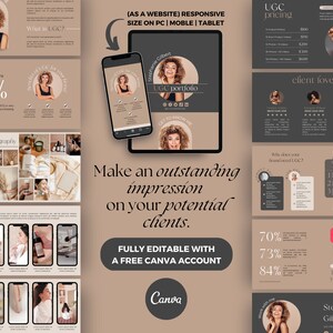 May include: A digital marketing presentation with a beige and dark gray color scheme. The presentation includes a phone and tablet mockup showcasing a UGC portfolio. Text includes "Make an outstanding impression on your potential clients" and "FULLY EDITABLE WITH A FREE CANVA ACCOUNT."