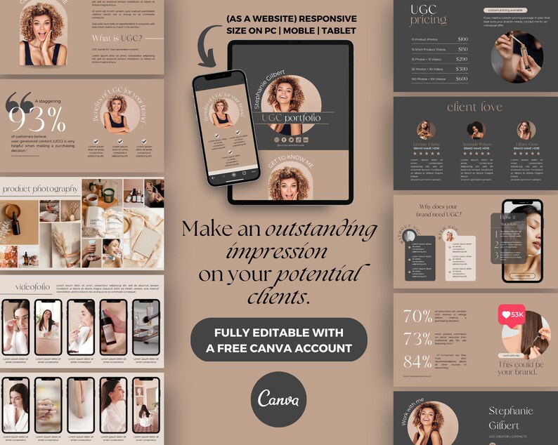 May include: A digital marketing presentation with a beige and dark gray color scheme. The presentation includes a phone and tablet mockup showcasing a UGC portfolio. Text includes "Make an outstanding impression on your potential clients" and "FULLY EDITABLE WITH A FREE CANVA ACCOUNT."