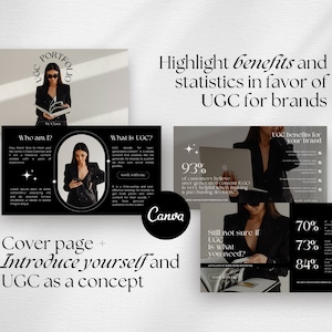 Op de afbeelding: Een zwart-witte presentatie dia met de tekst "UGC Portfolio" en "Benadruk voordelen en statistieken ten gunste van UGC voor merken". De dia bevat statistieken over door gebruikers gegenereerde content (UGC) en de voordelen ervan voor merken.