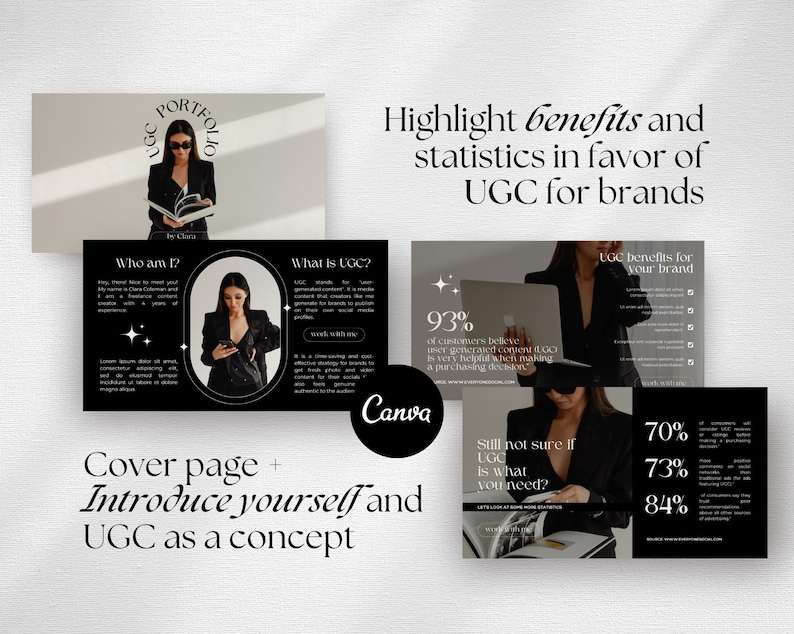 Op de afbeelding: Een zwart-witte presentatie dia met de tekst "UGC Portfolio" en "Benadruk voordelen en statistieken ten gunste van UGC voor merken". De dia bevat statistieken over door gebruikers gegenereerde content (UGC) en de voordelen ervan voor merken.