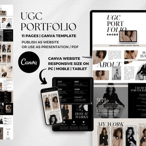 May include: A Canva template for a website or presentation portfolio featuring a black and white design with a modern aesthetic. The template includes sections for about, my work, how it works, and UGC benefits. The text "UGC Portfolio" is displayed in a large font at the top of the page.