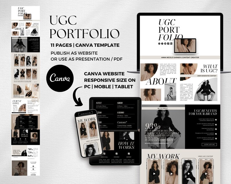 May include: A Canva template for a website or presentation portfolio featuring a black and white design with a modern aesthetic. The template includes sections for about, my work, how it works, and UGC benefits. The text "UGC Portfolio" is displayed in a large font at the top of the page.